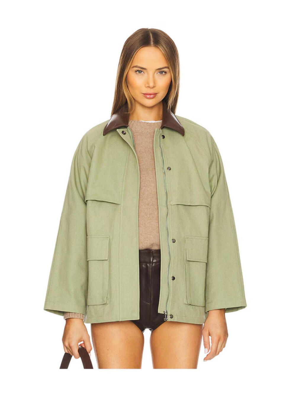 Lovers + Friends cotton green PEYTON JACKET leather collar size L $229msrp